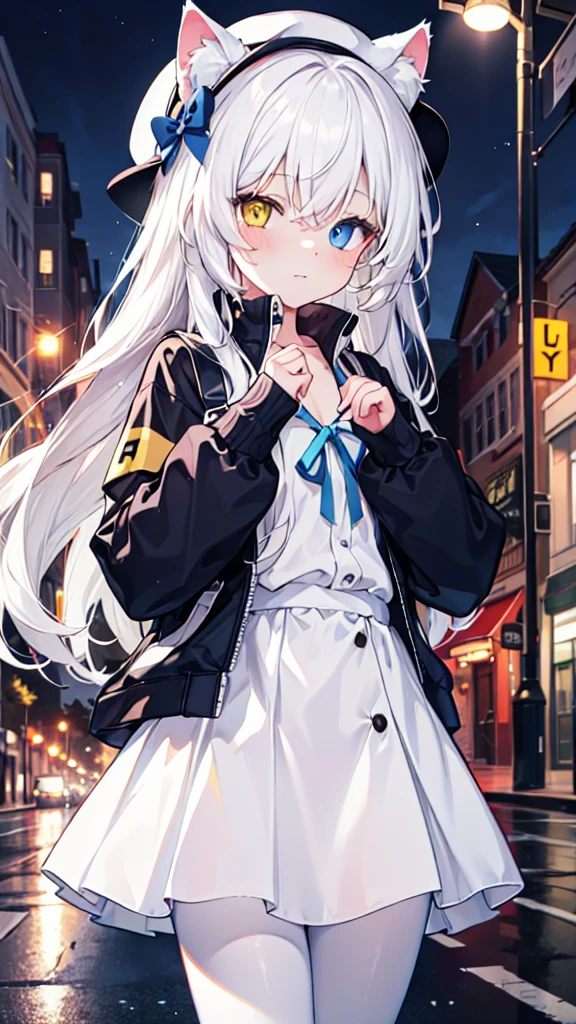 White hair，Cat ear（In the hat），Long hair，Heterochromia(Left blue right yellow)，Female face，There are bright spots in the eyes，Female hands，White little hands，Normal fingers，flat chest，Grey sweatshirt，White skirt，White pantyhose，Under the street lights，Alone