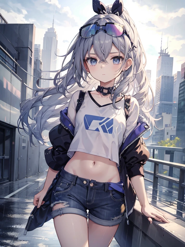 An exquisite masterpiece, best quality, illustration style, Anime girl with curly hair, beautiful eyes, summer, White short sleeve hem blowing in the wind, jeans, blue purple gradient goggles, small, heartwarming, Young and beautiful, heroic and shameless, black and white matching, gray hair, Showcasing a natural casual style. Dynamic posture includes the golden section., Large-diameter portrait photography, White space, Strong contrast between light and shadow, Super Textures, Very clear and concise picture, very beautiful gift, elegant temperament, delicate expression, city background, Rainy Day, road area water reflection