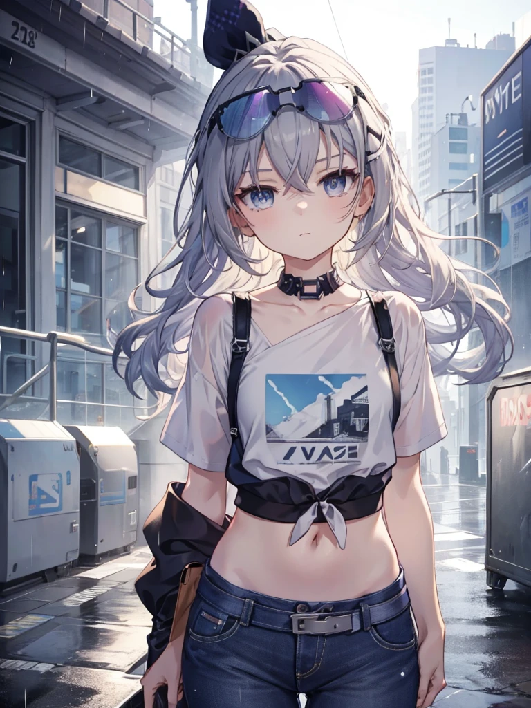 An exquisite masterpiece, best quality, illustration style, Anime girl with curly hair, beautiful eyes, summer, White short sleeve hem blowing in the wind, jeans, blue purple gradient goggles, small, heartwarming, Young and beautiful, heroic and shameless, black and white matching, gray hair, Showcasing a natural casual style. Dynamic posture includes the golden section., Large-diameter portrait photography, White space, Strong contrast between light and shadow, Super Textures, Very clear and concise picture, very beautiful gift, elegant temperament, delicate expression, city background, Rainy Day, road area water reflection