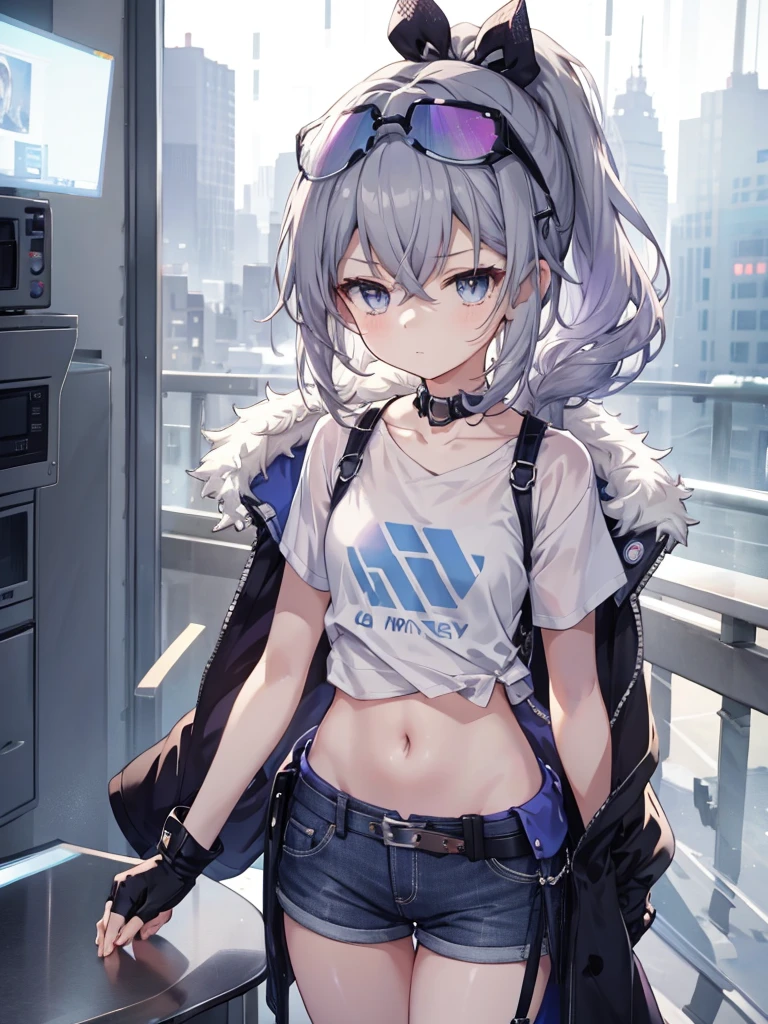 An exquisite masterpiece, best quality, illustration style, Anime girl with curly hair, beautiful eyes, summer, White short sleeve hem blowing in the wind, jeans, blue purple gradient goggles, small, heartwarming, Young and beautiful, heroic and shameless, black and white matching, gray hair, Showcasing a natural casual style. Dynamic posture includes the golden section., Large-diameter portrait photography, White space, Strong contrast between light and shadow, Super Textures, Very clear and concise picture, very beautiful gift, elegant temperament, delicate expression, city background, Rainy Day, road area water reflection