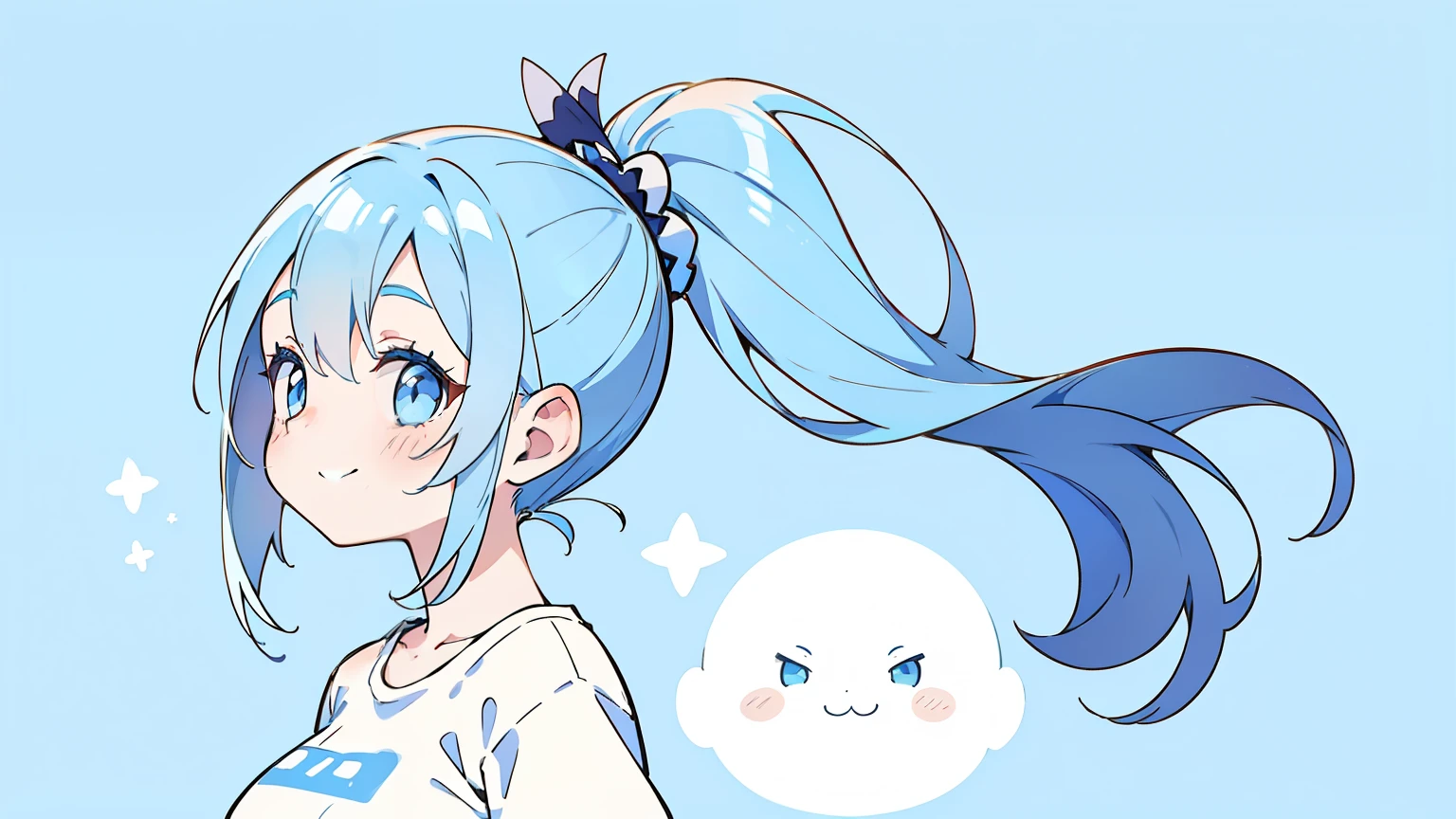 masterpiece, beautiful detailed, 1girl, (Oversized plain T-shirt), baby blue Eyes, baby blue hair, ponytail, Happy Smile, medium breasts, hair intakes, blue theme, profile, (((bold outline))), limited palette