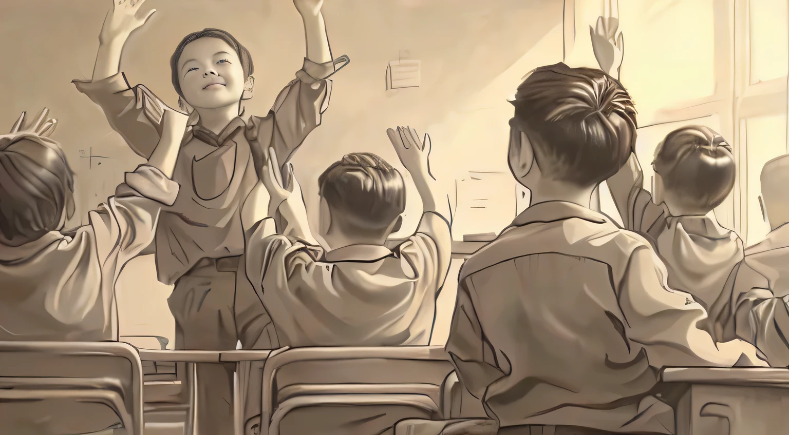 Many  sitting in the classroom with their hands raised, Inspired by F. Scott Hess, Inspired by F Scott Hess, Inspired by Antonio Ciseri, Inspired by Art Frahm, Animation stills, Award-winning animation, Inspired by Kadir Nelson, Animation stills, Video Stills, Single Boy concept art, Martin, author：Kim Eung-hwan