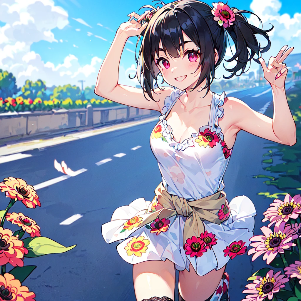 masterpiece, best quality, high quality, extremely detailed, very delicate and beautiful, (1 female 18 years old solo:1.5), (long black hair up to waist with two side up:1.5), bangs to eyebrows, eyes (eyes sharp, strong, glossy, glossy eyebrows, (eye color magenta:1.3), 6.5 head height, (zinnia flower print summer fashion:1.3), knee socks, lace, frills, (smiling), (running:1.3), (smiling), (dynamic pose), (background zinnia flower field:1.3), (blue sky:1.3), (upper body:1.3)