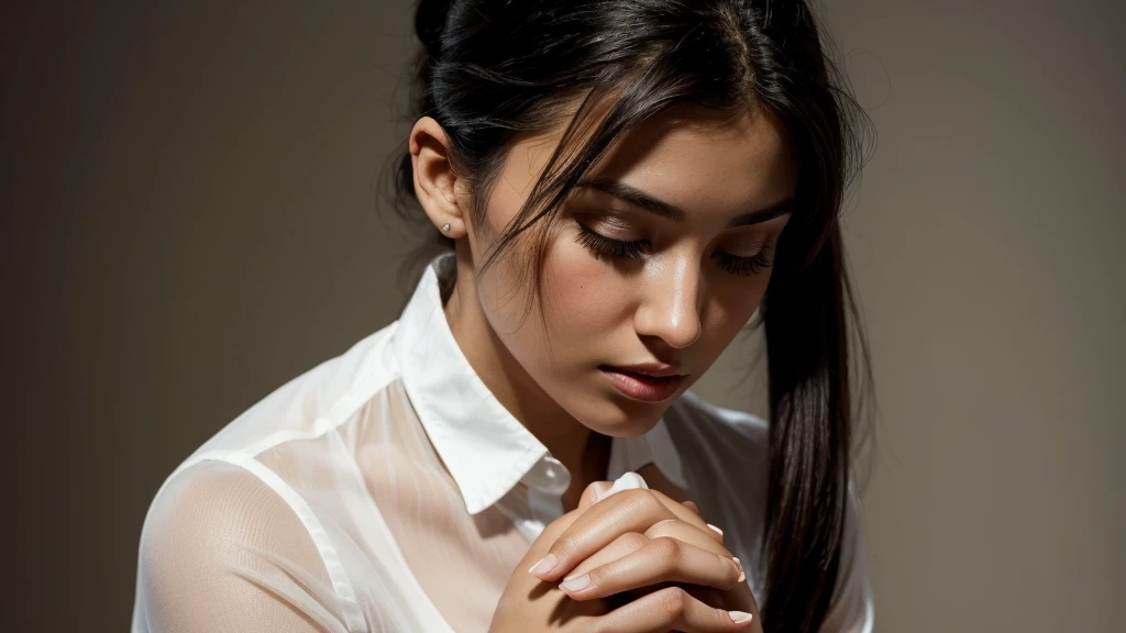 a beautiful woman alone praying on her knees and holding hands in prayer, dark background, close-up of a beautiful brunette woman wearing white shirt, dark brown eyes, black hair tied in a tight ponytail, beautiful detailed face, natural lighting, realistic, cinematic, beautiful.