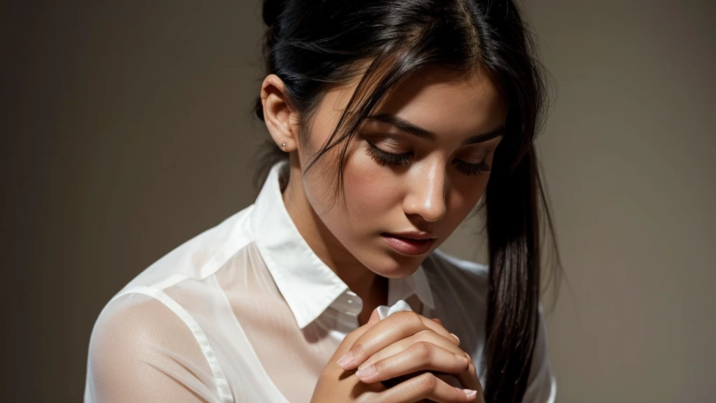 a beautiful woman alone praying on her knees and holding hands in prayer, dark background, close-up of a beautiful brunette woman wearing white shirt, dark brown eyes, black hair tied in a tight ponytail, beautiful detailed face, natural lighting, realistic, cinematic, beautiful.