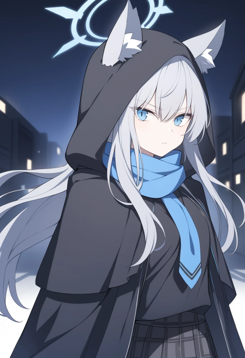 girl，Silver long hair, blue eyes, Wearing a black cape，Wearing a black mask，A sky blue scarf, Black gloves, And black plaid skirt, On empty streets，Serious expression, blue halo，Black hood，戴着Black hood，Gray wolf ears，night