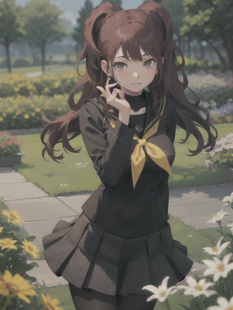 show off nipples,topless,large breasts,masterpiece, best quality, highres,
garden, flowers, cowboy shot, smile,
1girl, solo, looking at viewer, leaning leaning forward,
kujikawarise, long hair,twintails, bangs,
skirt,jewelry, , pleated skirt, earrings, serafuku, miniskirt, black skirt, sailor collar, neckerchief, turtleneck, yellow neckerchief, yasogami , pantyhose, black shirt, black uniform, white shirt,