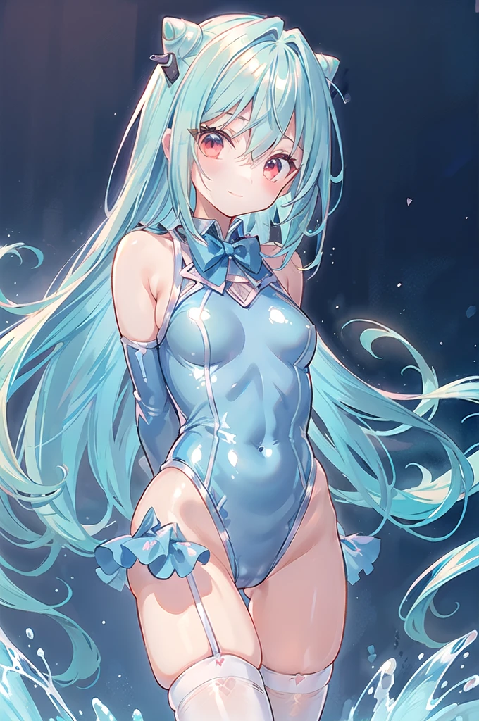1girl,solo,cowboy shot,standing,(pastel blue hair:1.4),long hair,cone hair bun,hair ornament,hair intakes, ahoge, bangs,(red eyes:1.3),(beautiful fingers:1.4),(perfect anatomy:1.4),(arms_behind_back:1.6),(cold_shoulder:1.2),BREAK,(pastel blue competition swimsuit:1.6),(pastel blue jacket:1.1),(leather lace glossy silk lamé:1.4),(latex luster shiny glossy:1.6),(shiny_clothes:1.6),medium breasts,beautiful breasts,masterpiece,best quality,(Ultra high definition eyes:1.2),8k,(Beautiful detailed eyes:1.2),(Fine and beautiful eyes:1.2),(pretty eyes:1.2),finely detail,extremely CG, absurdres,high resolution,illustration,Detailed and beautiful outlines,finely detail,high resolution,(colorful refraction:1.4,Increase saturation:1.2),beautiful lighting,dynamic lighting,closed room,black background,simple background, smile,looking at viewer,BREAK, blue bowtie, red coat, long sleeves, belt, garter straps,(pastel blue thighhighs:1.4)