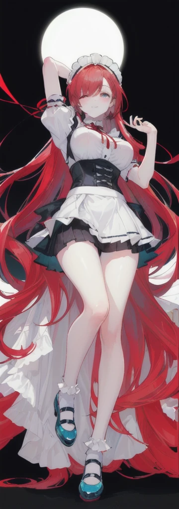 (long beautiful red hair) cyan eyes, (Eyes behind long bangs) big breasts, using accessories (using socks) perfect shiny beautiful reds shoes (Wearing luxurious palace maid clothes Perfect perfect noble) Pose facing sideways (Girl1, straight hair not too long, bangs covering one eye, soft face, gentle smile) ((Standing position with long legs, bare thighs, image position visible from bottom of feet to top of head) long red hair, beautiful cyan eyes (Free pose, right hand down, left hand down, ((Free pose))smile kawai, (black white background) Wearing a reds corset, (Using a beautiful bright blue ribbon) Kawai shy cute eyes (reds colored shoes must be shiny, Must wear short white socks) ((short skirt)) short sleeves (image according to tag) Body height 179 cm