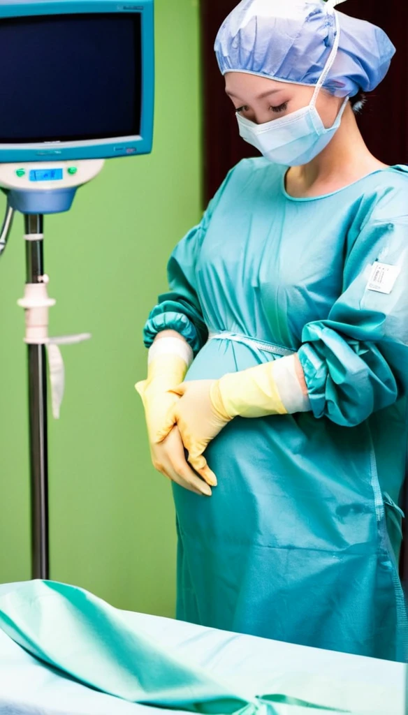 score_9, score_8_up, score_7_up, masterpiece, highest quality, raw image, pale skin, shy eyes, cover the ears, big breasts, surgical mask, surgical cap, long sleeve surgical dress,
1 girl, pregnant, big belly, solo, long rubber gloves, frown, standing, in one hospital, hospital bed, operating room background