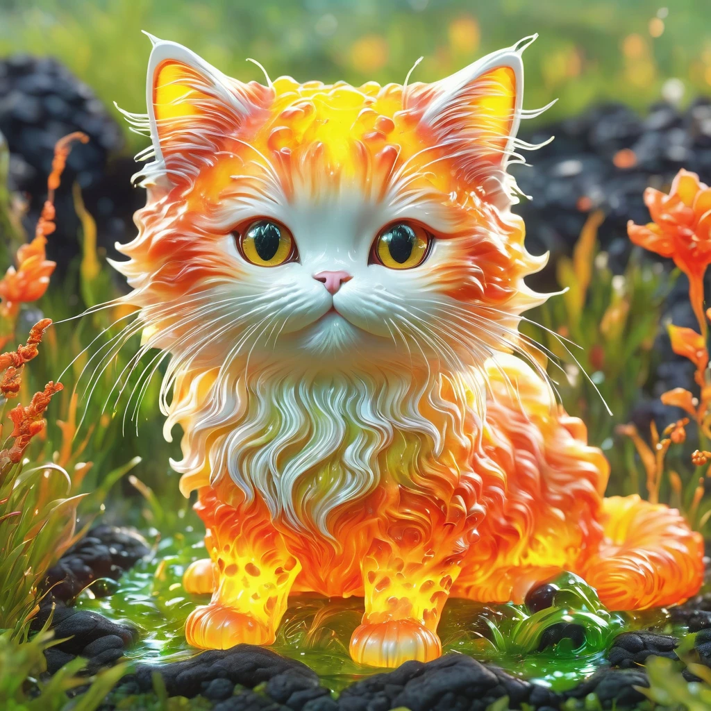 best quality, very good, 1.60,000, ridiculous, Extremely detailed, cute cat，Made of translucent boiling lava, Background grassland ((A masterpiece full of fantasy elements))), ((Best quality)), ((Intricate details)) (8K), ((best quality)), ((Intricate details)) (8K)