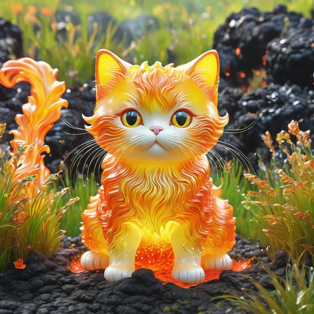 best quality, very good, 1.60,000, ridiculous, Extremely detailed, cute cat，Made of translucent boiling lava, Background grassland ((A masterpiece full of fantasy elements))), ((Best quality)), ((Intricate details)) (8K), ((best quality)), ((Intricate details)) (8K)