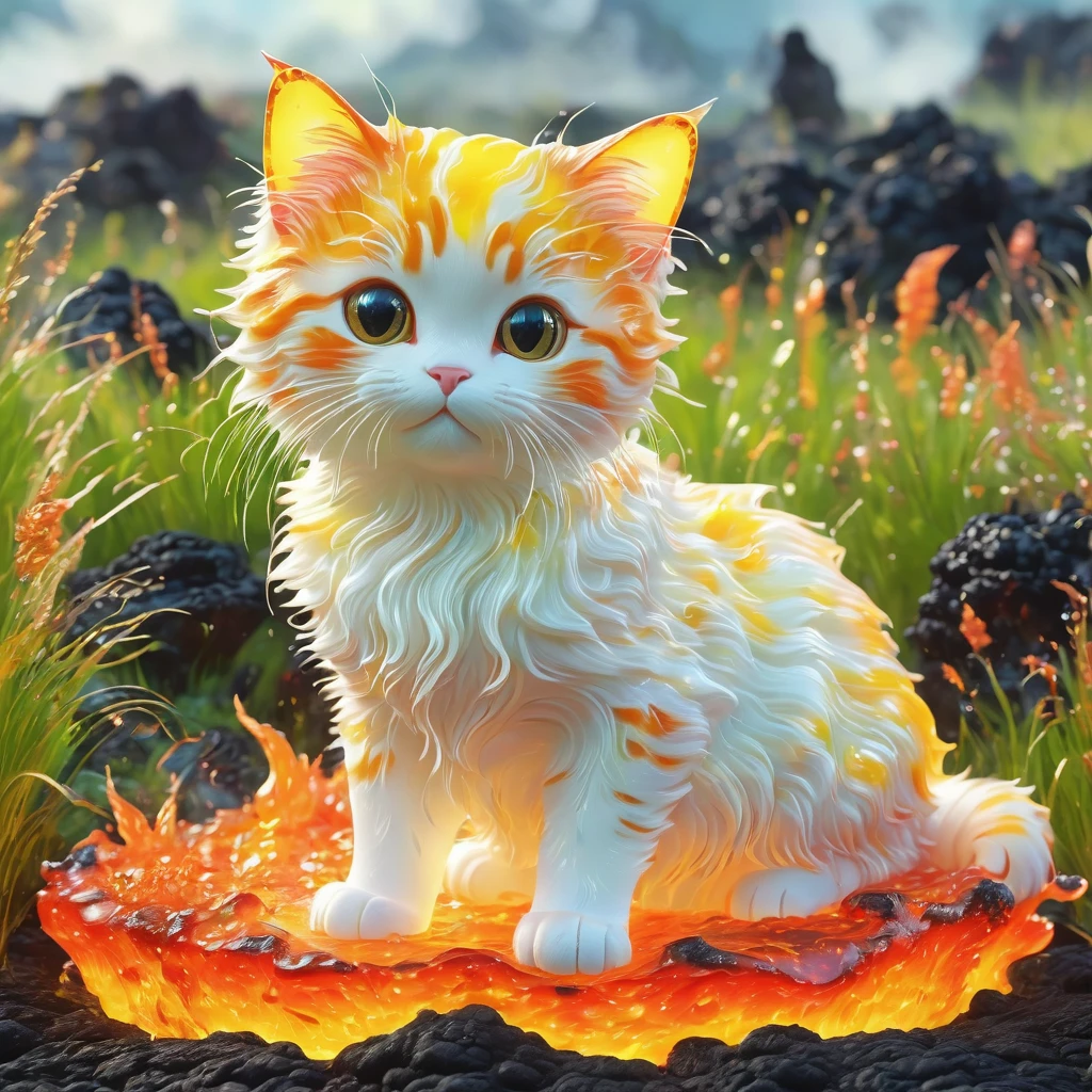 best quality, very good, 1.60,000, ridiculous, Extremely detailed, cute cat，Made of translucent boiling lava, Background grassland ((A masterpiece full of fantasy elements))), ((Best quality)), ((Intricate details)) (8K), ((best quality)), ((Intricate details)) (8K)