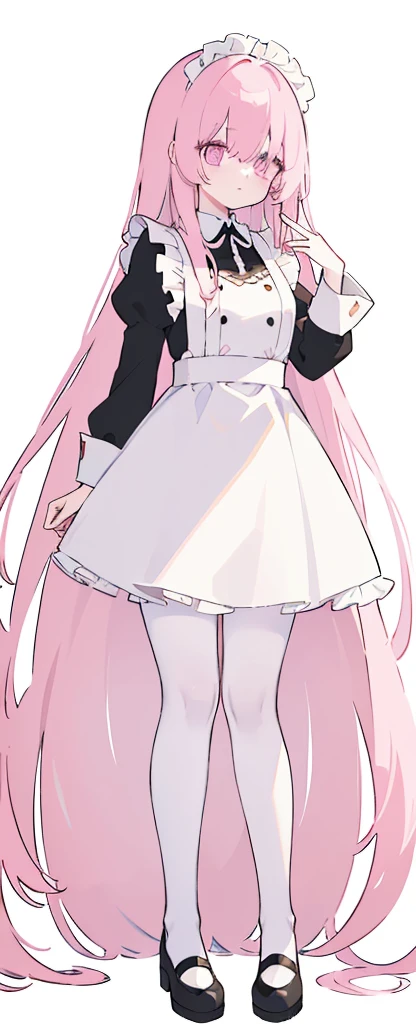 (((Long pinky Beautiful Hair))),pink hair,kawai,(((Eyes visible from bangs,hair over eyes:1.3))),,Huge breasts,(dark black color eyes),,(depression black darkslanted eyes),1girl in,bangs,long CYAN hair, pantyhose,Cowboy Shot,white background,short hair,smiled,(wearing pink maid clothes), (maid dress type must have a perfect pink vest), Bangs should be long to the tip of the chin(((Standing pose facing to the right side free hand pose))), white background, Perfect arm fingers,,, 1 girl, ((The image must match the tag)) Bangs almost cover the eyes full body (The character's entire body from top to bottom is completely visible) (The character's entire body is visible from head to toe) wearing shiny pink shoes (full body image full body image) full body image full body image) white background, Long slim legs