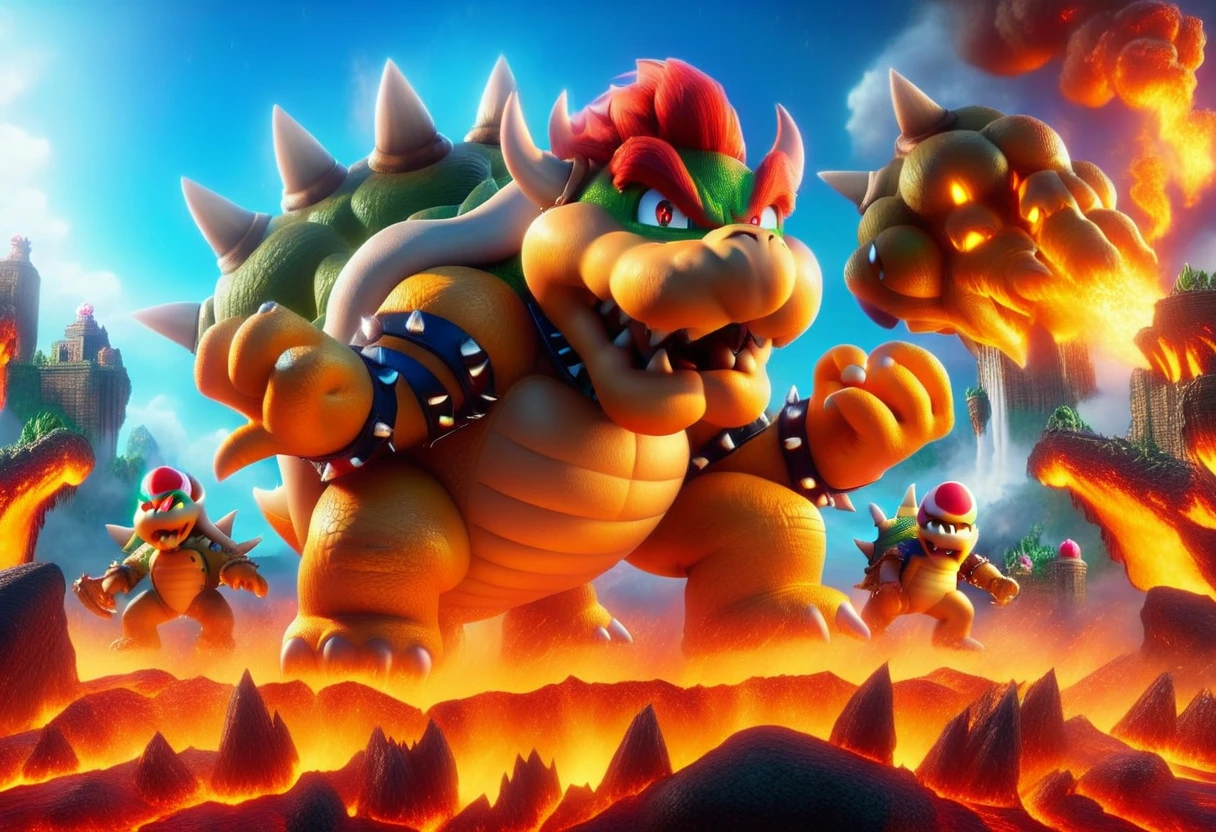 A dramatic battle scene between Mario and Bowser, highly detailed, epic, intense cinematic lighting, volumetric fog, cinematic camera angles, dynamic action poses, explosions, detailed environments, fantasy castle, lava, stone ruins, iconic characters, vibrant colors, photorealistic, 8k, best quality, masterpiece