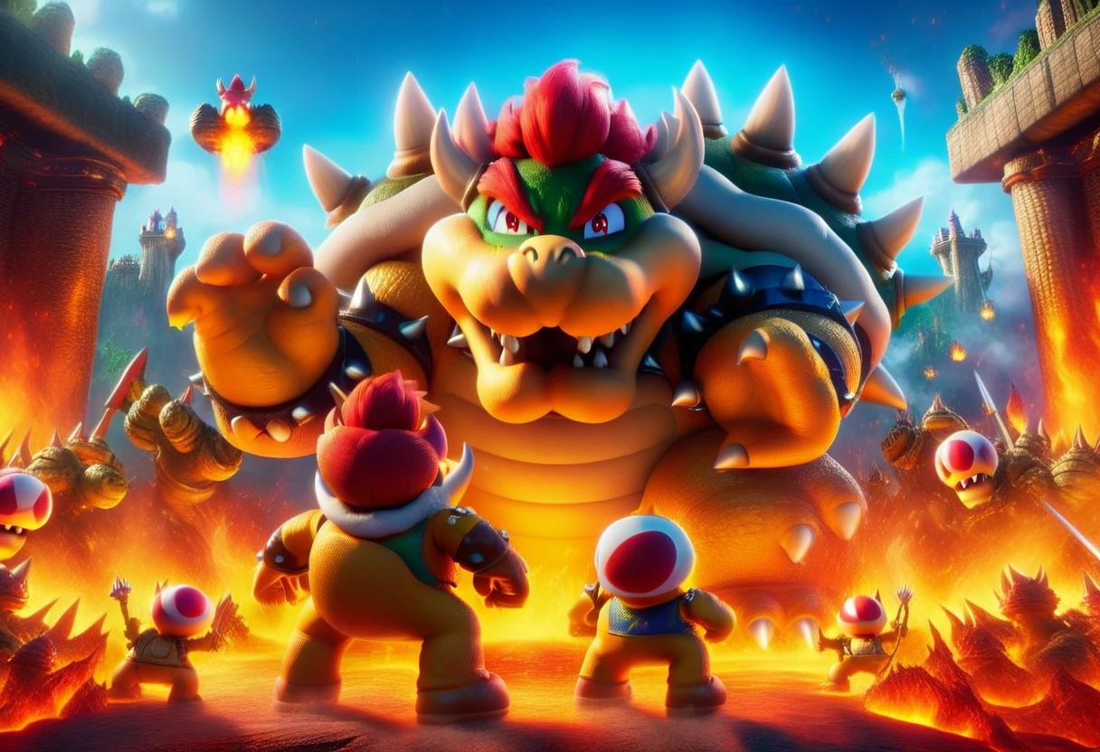 A dramatic battle scene between Mario and Bowser, highly detailed, epic, intense cinematic lighting, volumetric fog, cinematic camera angles, dynamic action poses, explosions, detailed environments, fantasy castle, lava, stone ruins, iconic characters, vibrant colors, photorealistic, 8k, best quality, masterpiece