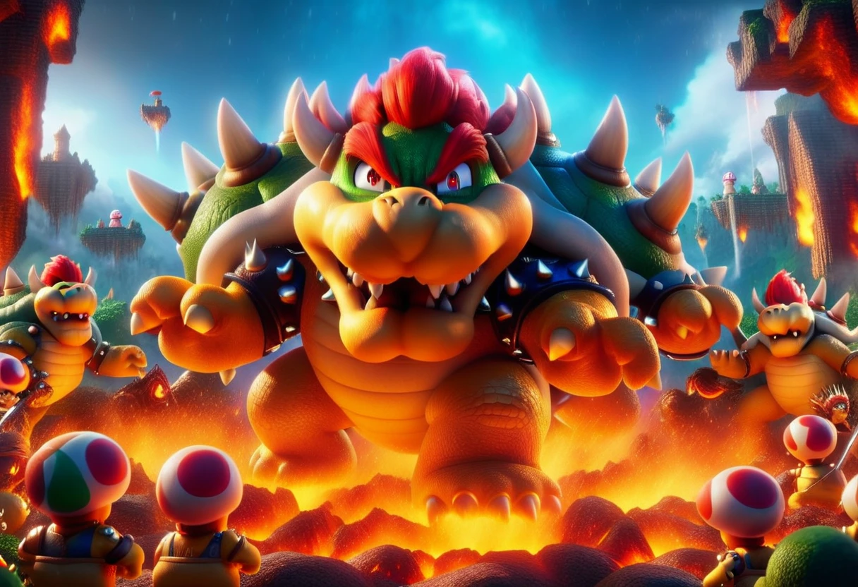 A dramatic battle scene between Mario and Bowser, highly detailed, epic, intense cinematic lighting, volumetric fog, cinematic camera angles, dynamic action poses, explosions, detailed environments, fantasy castle, lava, stone ruins, iconic characters, vibrant colors, photorealistic, 8k, best quality, masterpiece