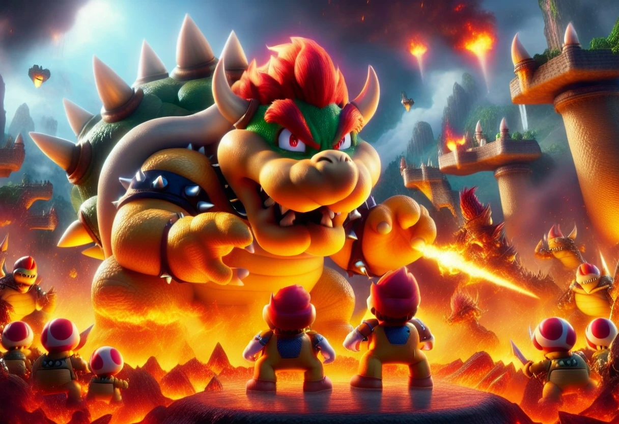 A dramatic battle scene between Mario and Bowser, highly detailed, epic, intense cinematic lighting, volumetric fog, cinematic camera angles, dynamic action poses, explosions, detailed environments, fantasy castle, lava, stone ruins, iconic characters, vibrant colors, photorealistic, 8k, best quality, masterpiece