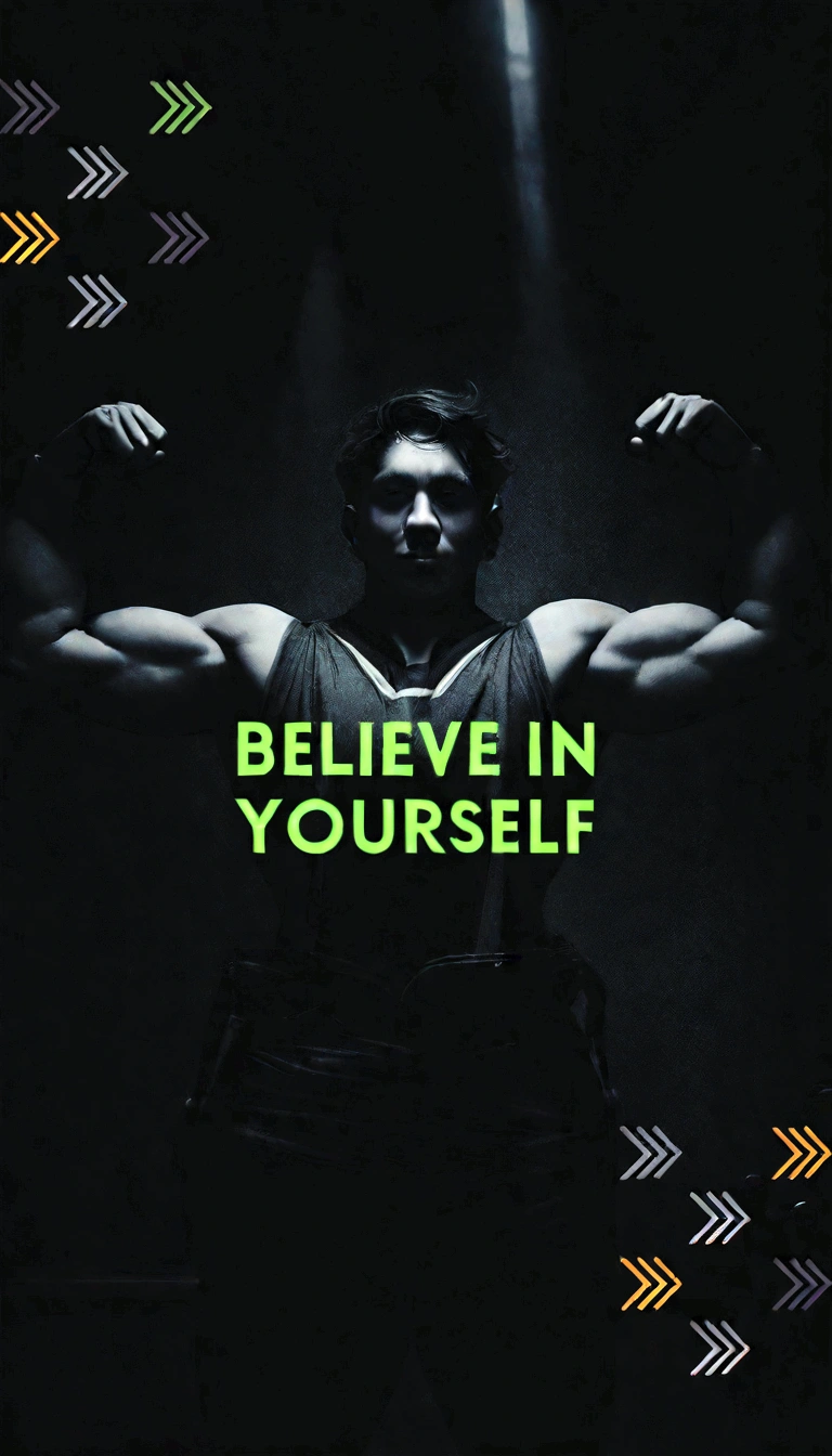 arafed man with arms raised in the air with a motivation quote, inspirational quote, motivational poster, muscle definition, background image, self confidence, background a gym, inspirational and powerful, self-confidence, self - confidence, strong silhouette, shoulders can be seen, edited in photoshop, photo taken in 2 0 2 0, made with photoshop, inspire and overcome