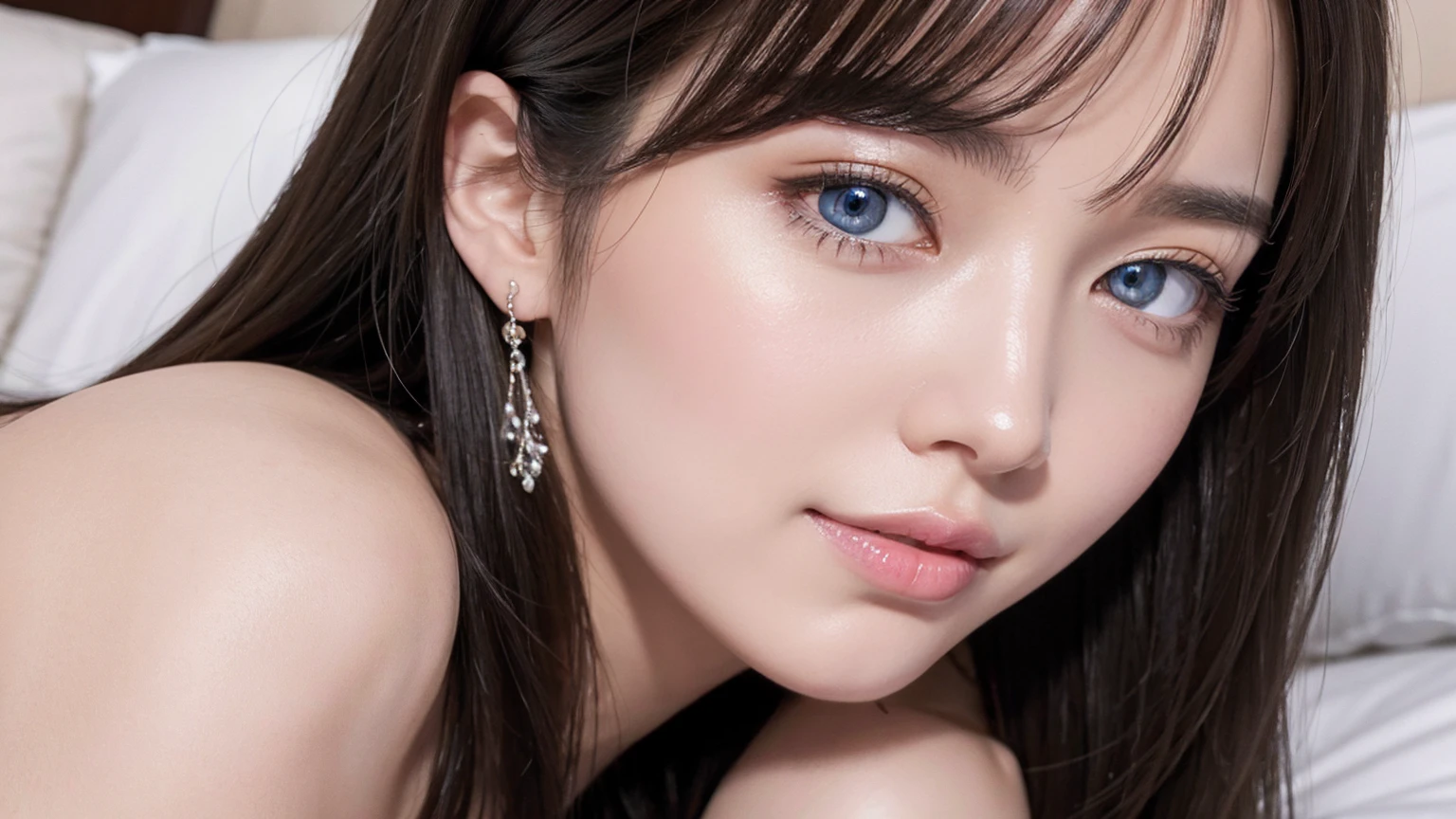 Very long、Shiny、Bright brunette hair、Very soft brunette hair、Very large, bright, light blue eyes、Very large eyes、Long bangs between eyeuste pieces、Highest quality、An illustration、Super detailed、Fine details、High resolution、8K デンデ wallpaper、Perfect dynamic composition、Beautiful detailed eyes、Hotel(Bed)、Sexy Face、A face of ecstasy、From the face of someone who is at the peak of sexual arousal、White and beautiful skin、Cheek glow is highlighted