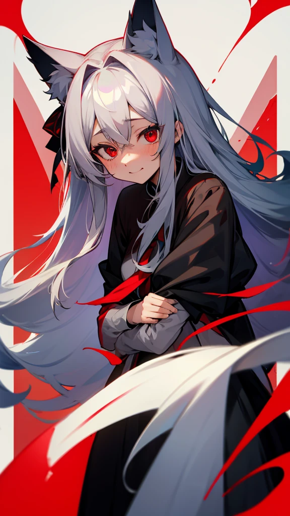 Highest quality I have long hair Gray Hair Hina Sorazaki Red eyes I don't have anything vampire Odd Eye kind Cat ear Embarrassed Background Black Two people