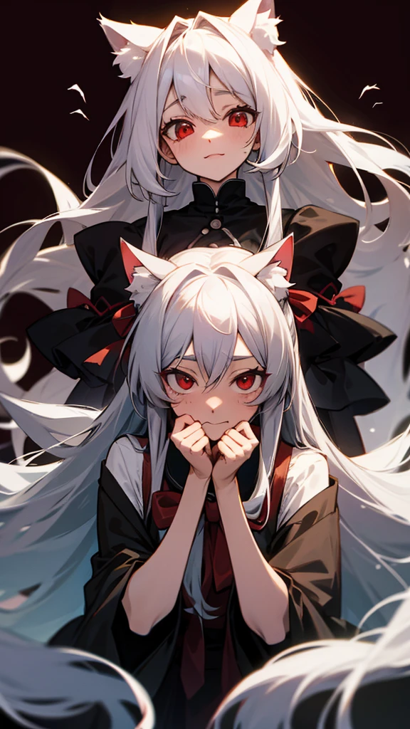 Highest quality I have long hair Gray Hair Hina Sorazaki Red eyes I don't have anything vampire Odd Eye kind Cat ear Embarrassed Background Black Two people