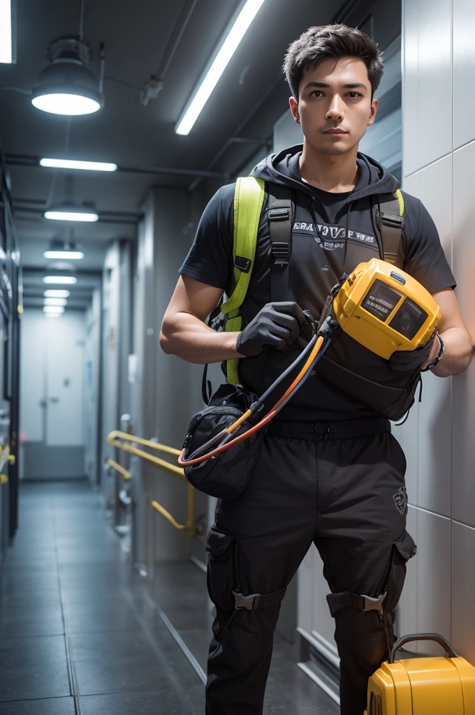 Drawing for presentation of an electrician carrying all the necessary protective equipment for activities with electrical energy 