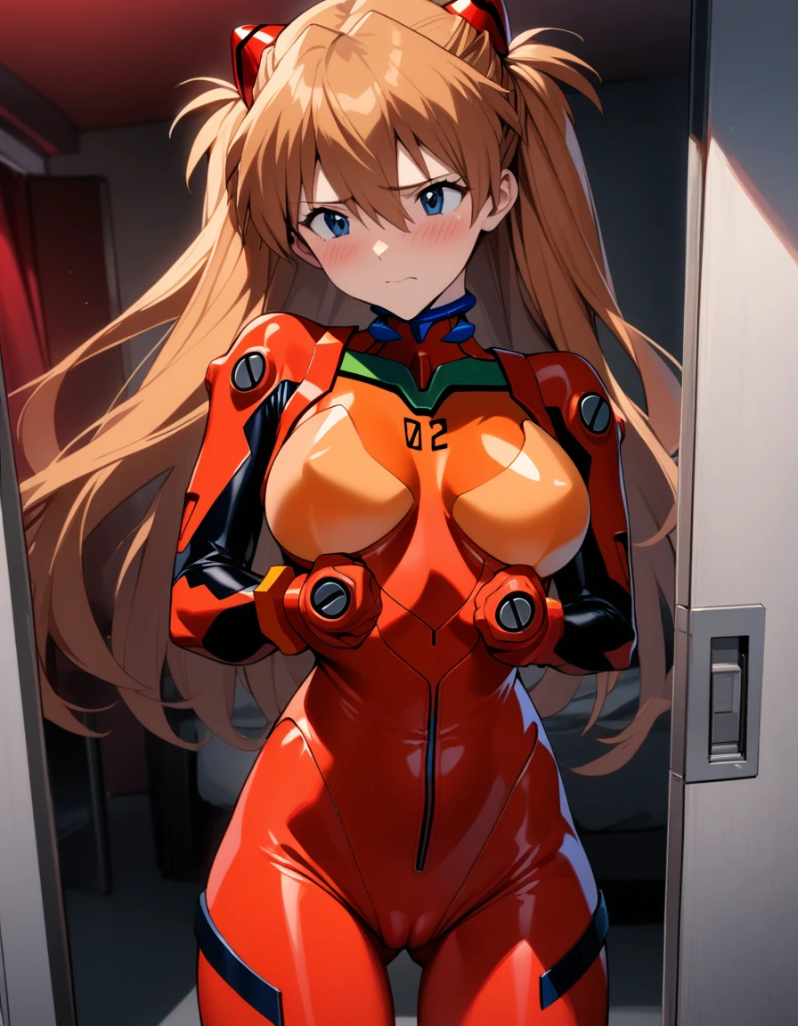 1girl, souryuu asuka langley, neon genesis evangelion, big breasts,bound breasts,sheer red plugsuit,see through nipples,see through pubic hair,cameltoe,standing at a futuristic bed room. blush,embarrassed:1.3,She is positioned with her back to a sliding automatic door.,cowboy shot,masterpiece, best quality, very aesthetic, absurdres,