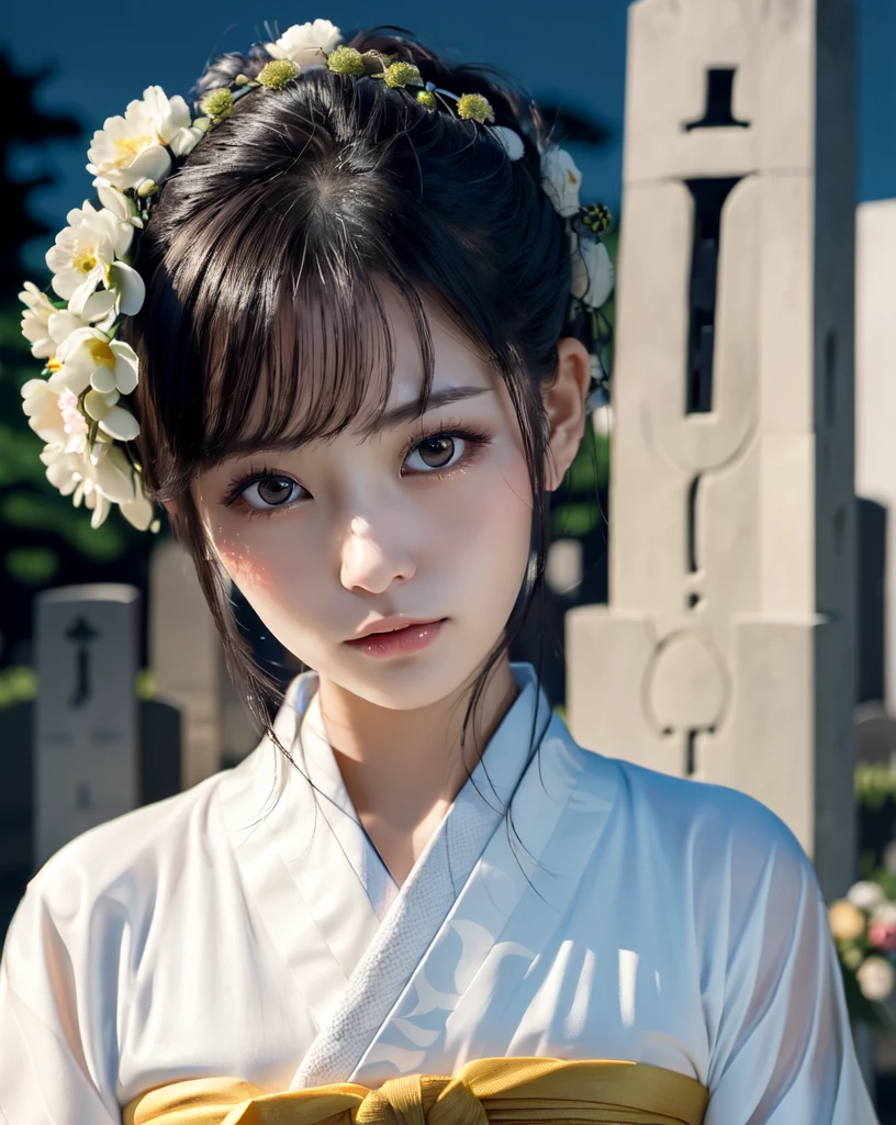(Highest quality, 32k, High resolution, Masterpiece:1.5), marimo_jet, god々A photograph with brilliant dazzling and healing power., Evoking a sense of calm and elusive beauty, Expressing emotions, Have a rich imagination, Beautiful Japanese Girls, An exceptionally beautiful face, Small Face Beauty, , Perfect Human Anatomy, Magical big eyes, Motherhood and generosity, Deep Love, Fleeting Expression, Shiny black hair, Neat, super long, straight silk hair, Asymmetrical bangs, Hair between the eyes, Transparent, soft white skin, Sharp eyebrows, Thin lashes, Natural Makeup, ((Traditional Japanese white kimono:1.3)), ((Japanese Cemetery:1.5)), ((Midnight Darkness:1.5)), Professional photographer, Professional Lighting, Professional models