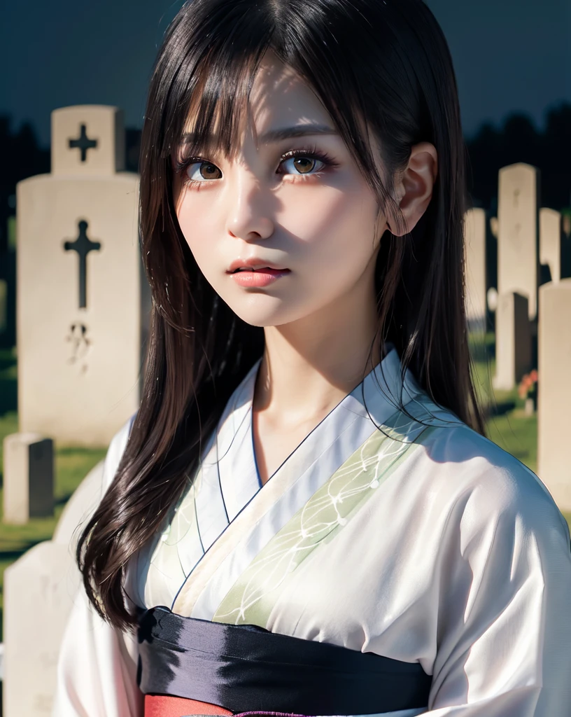 (Highest quality, 32k, High resolution, Masterpiece:1.5), marimo_jet, god々A photograph with brilliant dazzling and healing power., Evoking a sense of calm and elusive beauty, Expressing emotions, Have a rich imagination, Beautiful Japanese Girls, An exceptionally beautiful face, Small Face Beauty, , Perfect Human Anatomy, Magical big eyes, Motherhood and generosity, Deep Love, Fleeting Expression, Shiny black hair, Neat, super long, straight silk hair, Asymmetrical bangs, Hair between the eyes, Transparent, soft white skin, Sharp eyebrows, Thin lashes, Natural Makeup, ((Traditional Japanese white kimono:1.3)), ((Japanese Cemetery:1.5)), ((Midnight Darkness:1.5)), Professional photographer, Professional Lighting, Professional models