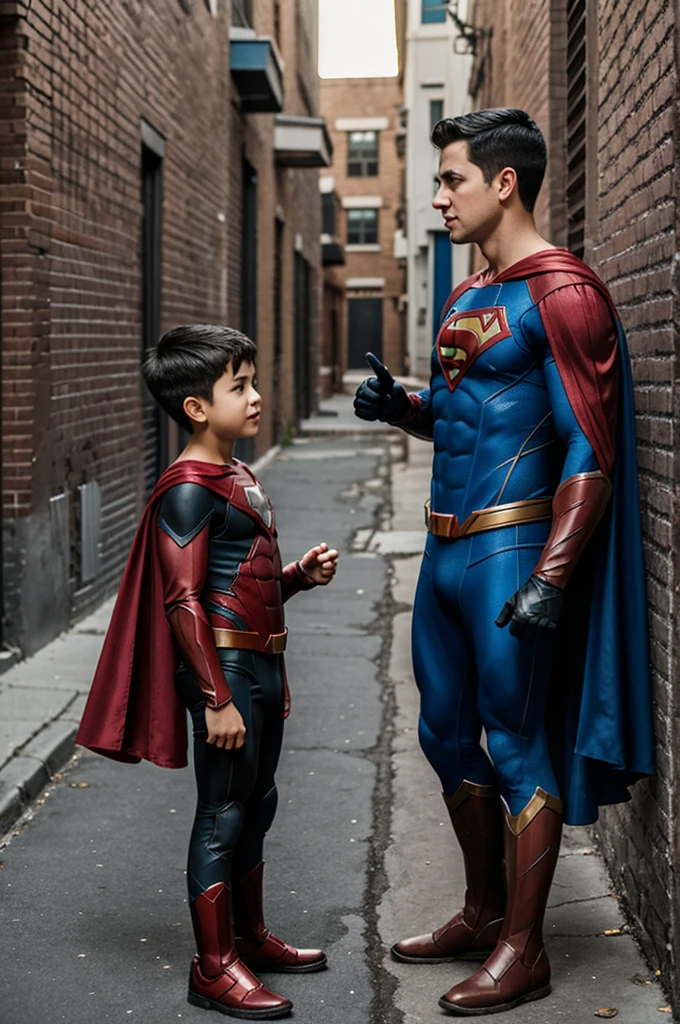 Super hero talking to a boy in the alley