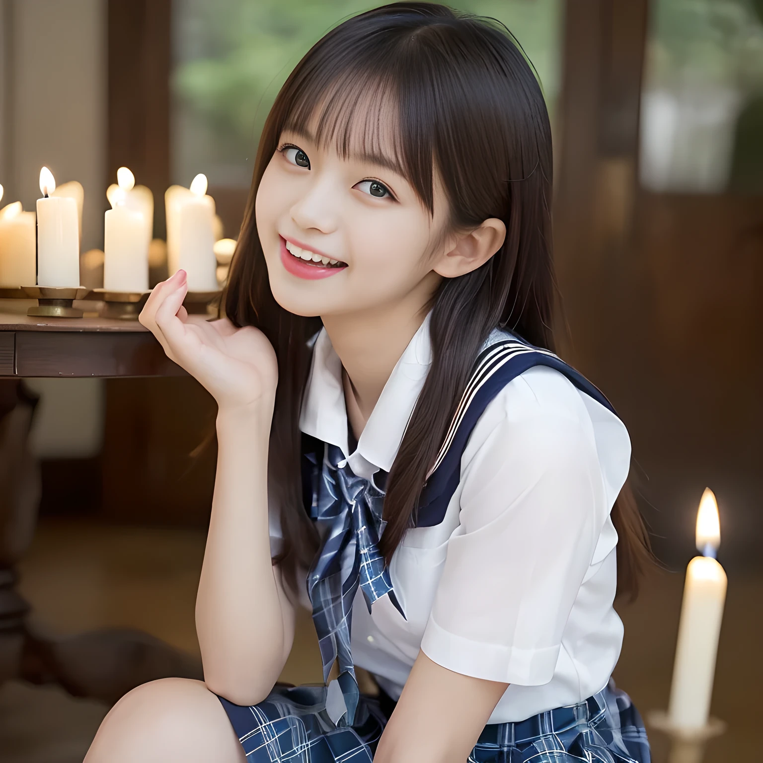 (highest quality, masterpiece:1.2), highest quality, High resolution, 1080P, 8K, Height: 150cm, ((A noble and intelligent girl like Japanese cute girly lady is hypnotizing and giggling, A very sweet, very noble, pretty and neat Japanese beautiful cute girl. Realistic very girly sweet cute noble girl like a princess is seated in many evil candles)), ((Completely black room with candles)), ((((14 years old, popular Japanese fashion model)))), ((((Very pure white face and hands and legs)))), Glossy lips, (Evenly cut bangs), ((Very beautifully laughing brown drooping gooey cute neat noble eyes)), ((straight black very very long straight hair)), Very lustrous, glossy lips, Open hand over open mouth, Beautiful hair like a hair model, Watching the viewer and laughing, ((Incredibly well organized, The expression is rich. plump and beautiful skin and face)), ((Pure and clear sweetly smiling eyes)), ((smiling at me)), Glossy Lips, ((noble and neat)), ((Like a succubus is fascinating with magic and giggling)), ((((A succubus is fascinating and calling to the deeper place forever)))), ((highly up-curved lips)), ((looking at the viewer directly)), white hands, ((Navy girls high school sailor uniform, Navy uniform sailor collar, Navy uniform checkered pleated skirt, Navy school shirt, Blue string ribbon tie)), ((((An ecstatic expression of boundless joy))))