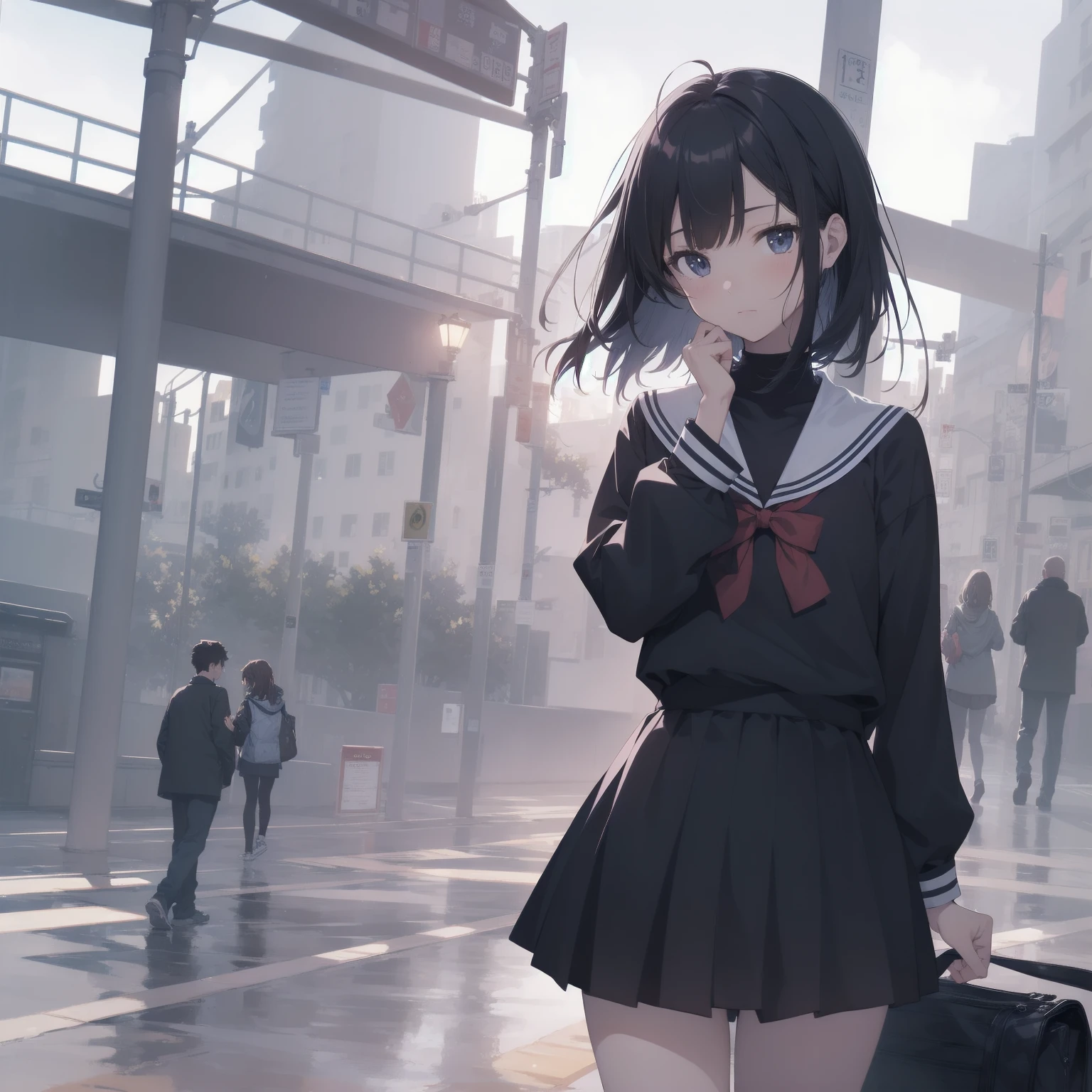 ultra-absurdres-Top quality by artist God, ultra-detailed, high resolution, anime moe artstyle, best anime 8k konachan wallpaper, pixiv contest winner, pool:2810, perfect anatomy,break, 1girl, (Please draw a girl walking sleepily to school alone. )break,(Solo,little female, 13-year-old:1.3),Full limbs, complete fingers,a junior high school student, (very short hair), short cut, flat chest, , small butt, small black eyes, beautiful detailed eyes, well-proportioned iris and pupils, expressive eyes, highres detailed hair, soft expression, salor school_uniform, sailor collar, serahuku, bow, pleated skirt,(Detailed Lighting), (Detailed background), in the School commute route. break,super detailed skin, Best cinematic lighting powered by famous artist, 8k,beauty illustration,photoshop_(medium),very aesthetic,break,((artist:yamamoto_souichirou )), artist:clamp ,artist:carnelian ,artist:kantoku ,

