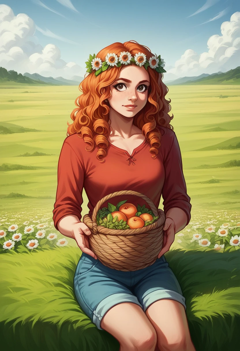 (girl:1.2),alone, (long ginger curly hair:1.1), brown eyes, Wearing a daisy wreath on your head, Sit in a daisy field, (fruit basket:1.1), blue shorts, red shirt,,raw,photographic,photo shadows,actual,Ridiculous,Aesthetic,elegant