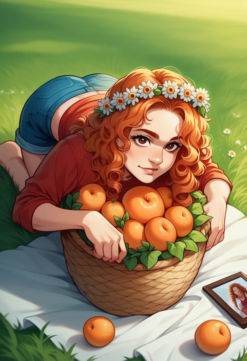 (girl:1.2),alone, (long ginger curly hair:1.1), brown eyes, Wearing a daisy wreath on your head, Sit in a daisy field, (fruit basket:1.1), blue shorts, red shirt,,raw,photographic,photo shadows,actual,Ridiculous,Aesthetic,elegant
