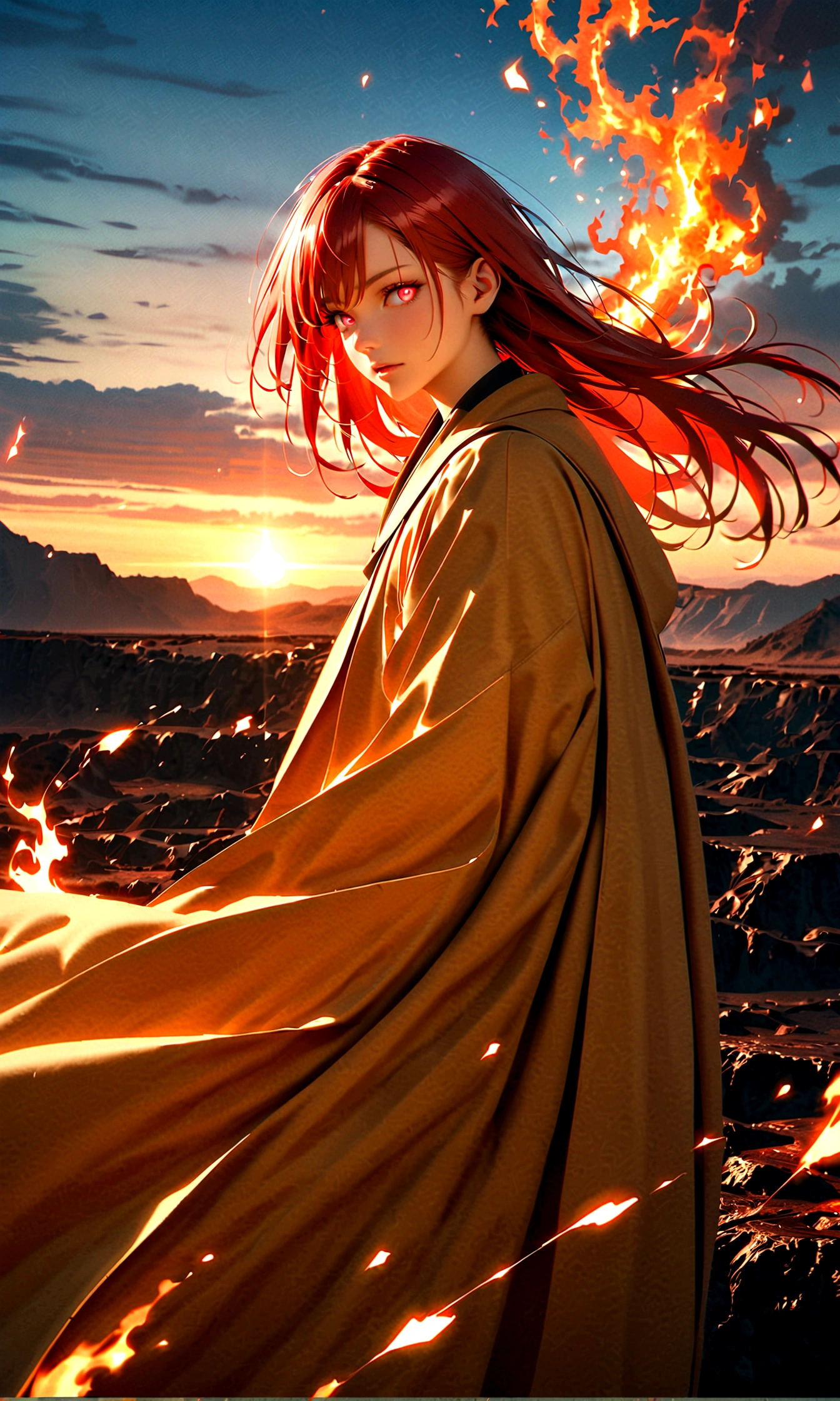male (mage, age of 30, long hair, red hair, floating hair, fiery colored eyes, red and gold robes, tanned skin, intense face, glowing eyes) is casting a spell), (flames are swirling around), beautiful volcanic landscape, molten lava flowing, summery hot air shimmering, (embers floating in the air, creating a warm glow), the noonday sun in the sky, male is at a volcanic crater, BREAK, Quality (8k, wallpaper of extremely detailed CG unit, masterpiece, high resolution, top-quality, top-quality real texture skin, hyper-realistic, increase the resolution, RAW photos, best quality, highly detailed, the wallpaper, cinematic lighting, ray trace, golden ratio.), BREAK, Shot(Long shot, wide shot.)