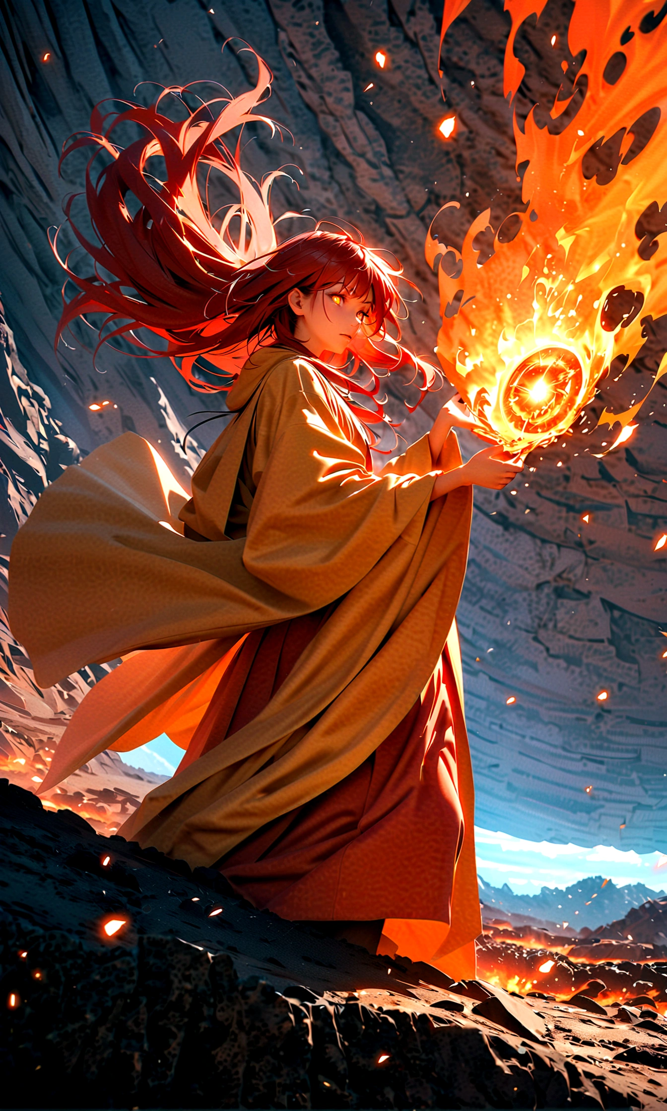 male (mage, age of 30, long hair, red hair, floating hair, fiery colored eyes, red and gold robes, tanned skin, intense face, glowing eyes) is casting a spell), (flames are swirling around), beautiful volcanic landscape, molten lava flowing, summery hot air shimmering, (embers floating in the air, creating a warm glow), the noonday sun in the sky, male is at a volcanic crater, BREAK, Quality (8k, wallpaper of extremely detailed CG unit, masterpiece, high resolution, top-quality, top-quality real texture skin, hyper-realistic, increase the resolution, RAW photos, best quality, highly detailed, the wallpaper, cinematic lighting, ray trace, golden ratio.), BREAK, Shot(Long shot, wide shot.)