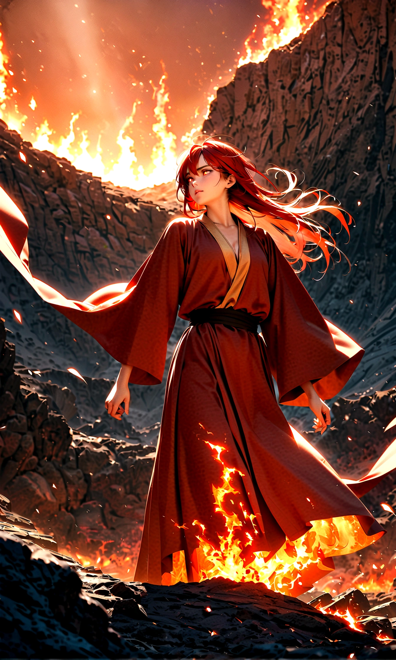 male (mage, age of 30, long hair, red hair, floating hair, fiery colored eyes, red and gold robes, tanned skin, intense face, glowing eyes) is casting a spell), (flames are swirling around), beautiful volcanic landscape, molten lava flowing, summery hot air shimmering, (embers floating in the air, creating a warm glow), the noonday sun in the sky, male is at a volcanic crater, BREAK, Quality (8k, wallpaper of extremely detailed CG unit, masterpiece, high resolution, top-quality, top-quality real texture skin, hyper-realistic, increase the resolution, RAW photos, best quality, highly detailed, the wallpaper, cinematic lighting, ray trace, golden ratio.), BREAK, Shot(Long shot, wide shot.)