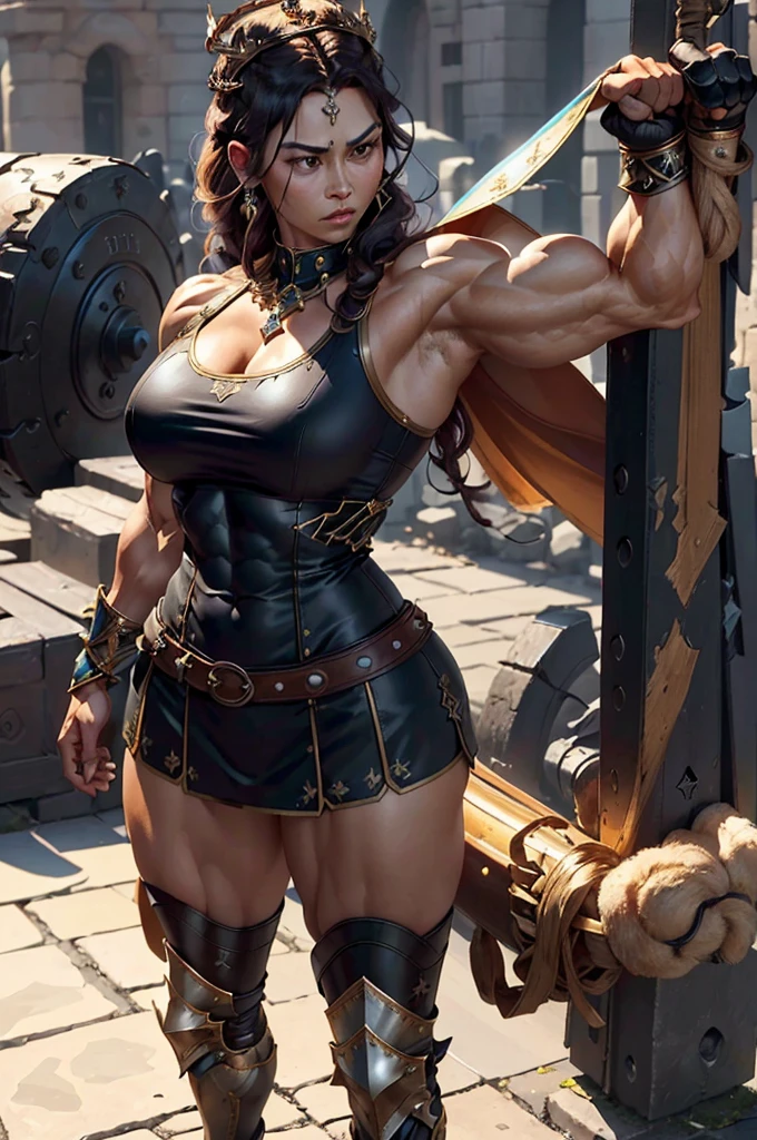 (Best lighting) , (Very intricate details) , 4K Integration, (Super fine CG: 1.2) , (8K: 1.2),(original), (masterpiece) , (Highest quality),(masterpiece:1.4),((Full images))、Photo quality,(masterpiece),masterpiece, Highest quality, Absurd,((Masterpiece, 4K, 8K, High resolution)),(masterpiece), (Highest quality), (Super detailed), (Very delicate and beautiful), ((Cowboy Shot)), 1 female, The face of a 40-year-old Western woman、A beautiful, well-balanced face、
((A woman with a muscular body like a male bodybuilder)),((Huge body with incredible muscles))、Height 200cm、((Beautiful woman)),((Woman warrior)),(((Full body image))),45 year old mature woman、,Brave and resolute attitude, Wearing Valkyrie Metal Armor、 Sleeveless Armor、Armor that resembles a thick chest and abdominal muscles、Heavy metal armor、Valkyrie Hair Ornament、Very strong legs、((Long boots with pin heels))、((black leather kneehigh 、Medieval streetscape,Brave pose,Strength and elegance,Solemn atmosphere,Powerful aura,((The Queen's Appearance))、Determined jawline,((The Strongest Queen of Mankind))、(Huge muscular physique),((Protruding veins))、Raised trapezius muscle、very thick neck、((Strong arms with bulging biceps))、A muscular chest、Six-pack、((Thick thighs with bulging muscles))、((Bicep-like calf muscles))、Overflowing with incredible strength、Muscles bulging out from under the force of force all over the body、Black Hair、Braided upstyle hair、A commanding presence,Poses that show off their monstrous power,Vibrant colors,Down to the smallest thread,Impressive level textures,Sharp focus,Rich and realistic backgrounds,Magnificence and grandeur,((The Mighty Queen)),((Queen of Superpowers)),((A powerful queen of dignity and grandeur)), Inspiring and majestic,Guardian of the kingdom,Unstoppable courage,Divine Destiny,Indomitable spirit,Unforgettable beauty,Unwavering Strength