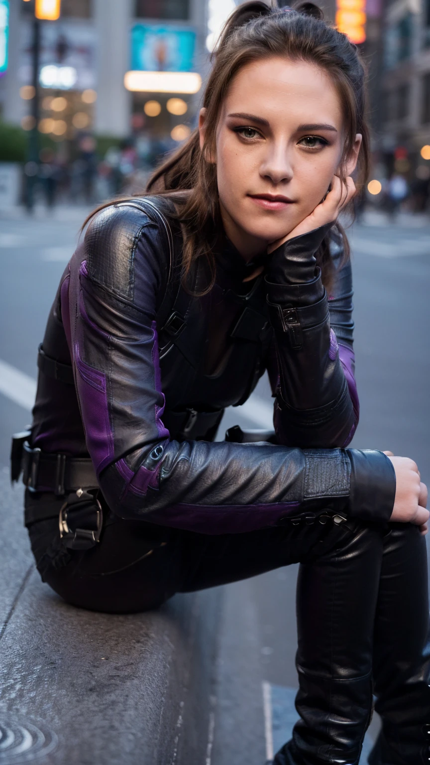 (masterpiece), (photorealistic1.4), (epiCRealLife), (lora:KateBishopFNLoRA:1.0 ribbed bodysuit costume), (KateBishopFNLoRA black leather pants), (KateBishopFNLoRA utilities belt), (leg holster) (KateBishopFNLoRA black gloves), (Kate Bishop Purple Costume),, (epiCFlashPhoto), (harness), (ponytail), (young woman), ,(flashphoto), (flash photography), (make up) ,(kst3w-v2 ), (Kristen Stewart), (Kristen Stewart light smile), (outdoor), (New York City Street), (neon lights), (sitting on curb, against wall), (from side), pose for pictures, (zoom out)