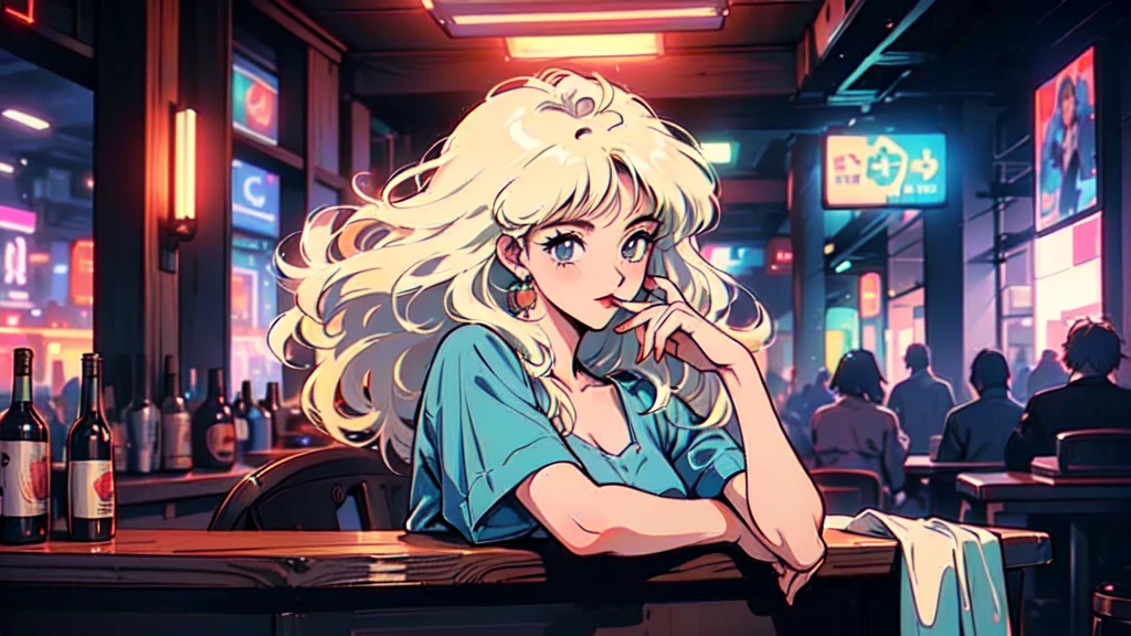 (80's, Retro, City Pop:1.5), (Album cover), (masterpiece, Highest quality, Exquisite detail), (anime, figure), (pastel colour:1.3), Best Photo Poses, Dynamic Angle,girl, alone, cool, Delicate face, Blonde Hair, Inside a stylish bar,City of night, Holding a cigarette,Smoky atmosphere