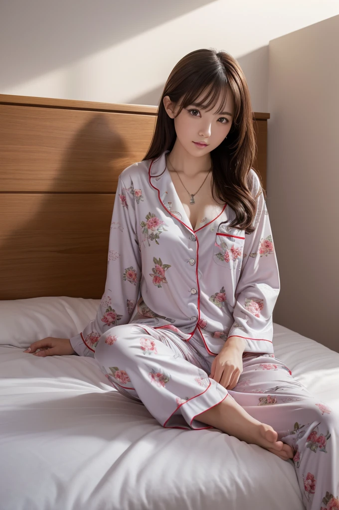 (8k, RAW photo, best quality, masterpiece:1.2), (realistic, photo-realistic:1.4), (extremely detailed 8k wallpaper), pretty Japanese girl, necklace, (Pajama pants), sitting with knees up on bed, spread legs