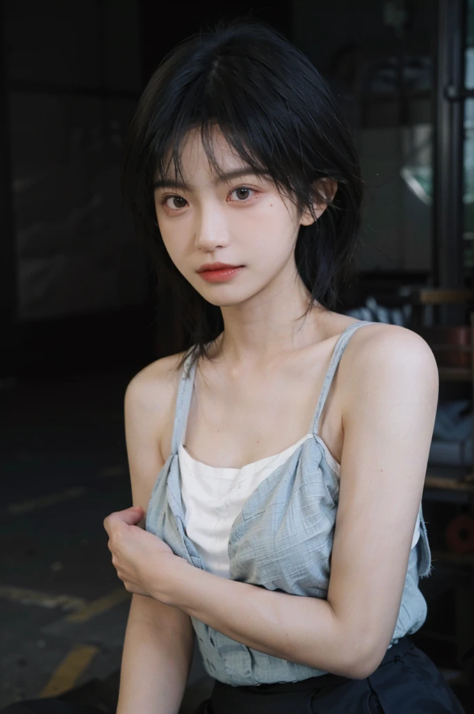 1 girl，Model，Upper Body，short hair,A faint smile,serene, calm，Moles under the eyes,Exquisite eyes, Delicate face,Lipstick,earrings,Hair details, skirt，（Dress conservatively：1.3）(Large Breasts:1.2),outdoor,background,城市background，(Skin details:1.4),(Realistic and detailed eyes：1.2）, Natural skin texture, Realistic facial details,Close-up of face,Portrait Photography,(Portrait Photography:1.1), (smooth skin textures:1.3), (Highest quality real skin textures:1.4), Direct vision,Soft dramatic lighting, Vivid details, 35 mm film, (Photo Practical:1.4), (hyper Practical:1.4), (Practical:1.3), (Smoother lighting:1.05), (Improve lighting quality:0.9), (Enhance the beauty of skin texture:1.1), Depth of Field, Bokeh, Surrealism, Ray Tracing, ( Surrealism, High Detail, Chiaroscuro, Ray Tracing, reflected light, Ultra HD, Ultra HD, masterpiece, Textured Skin, Super Detail, High Detail, high quality, best quality