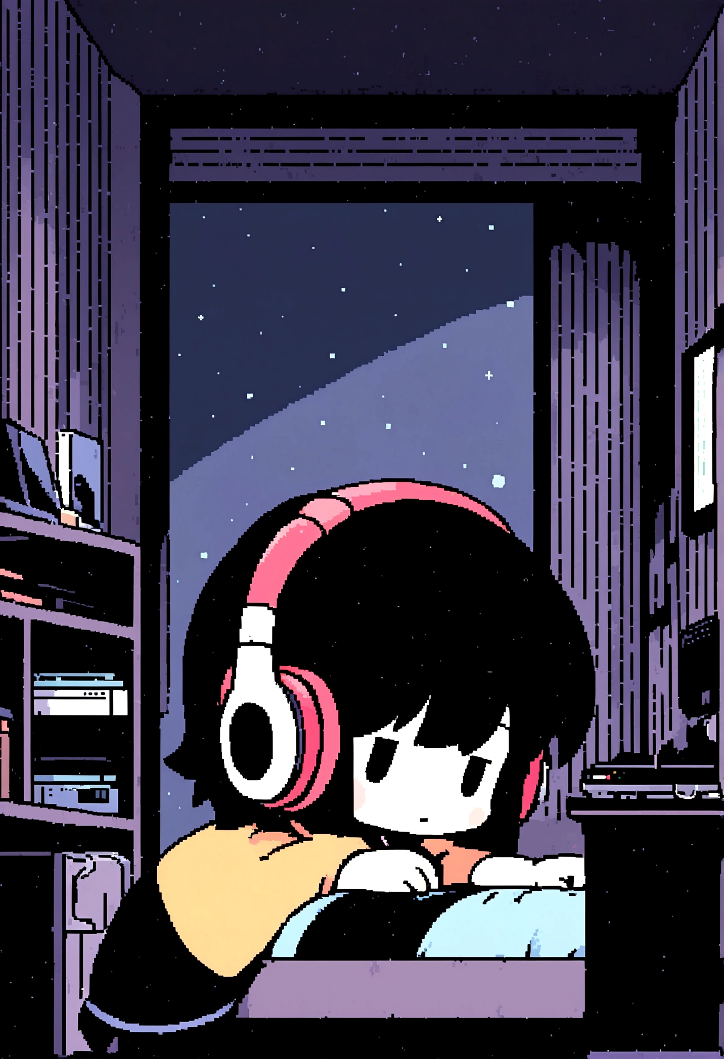 night、Girl listening to music in a cozy room, Using headphones, 2D-style animation, Lo-Fi, hard disk, Dark Environment