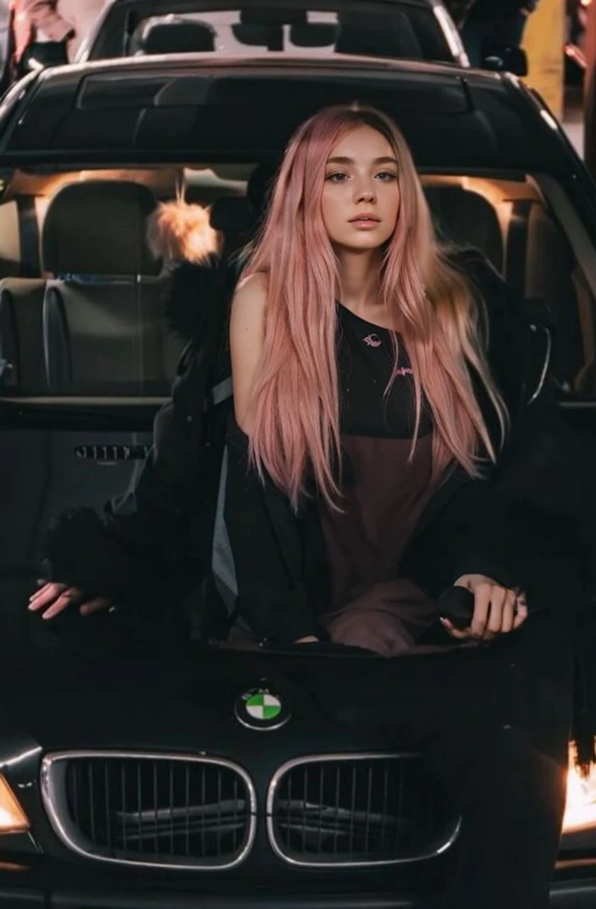 25-year-old Caucasian French girl with shoulder-length messy pink hair, adorned with , hair l . Captured in the best quality, this illustration serves as a 4K wallpaper