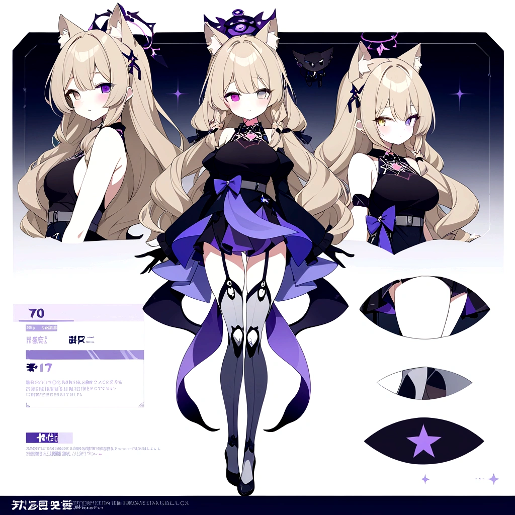 woman 170 cm tall. (character design sheet: front view). Dark blonde long hair, slim build. wavy hair with hip length curls, has a short central tuft, She has two short braids on the left and right side of her head with two small ribbons on each braid.. It has two black serval ears with a gray and purple interior located on the top of its head.... small face. (heterochromia: one gray eye and one purple eye), has small ribbons on the right and left side of the hair. extremely detailed face, Beautiful detailed eyes, beautiful detailed lips. adorable, extremely detailed legs, (Best Quality, 4k, 8k, high resolution), ultra detailed, Exquisite and epic character art... Black platform heels, Elegant one-piece long dress with ruffle skirt and wide sleeves. Decorations of stars and ribbons on clothing. black gloves. gray belt at the waist with a large ribbon with a luminous pink heart in the middle. black necklace with heart emblem on the neck. It has a succubus tail with a small luminous violet star at the tip accompanied by a small ribbon..... (wide hip). Luminous black halo with purple star patterns above his head..... (medium chest size). Thigh High Mechanical Legs in Black and Purple.