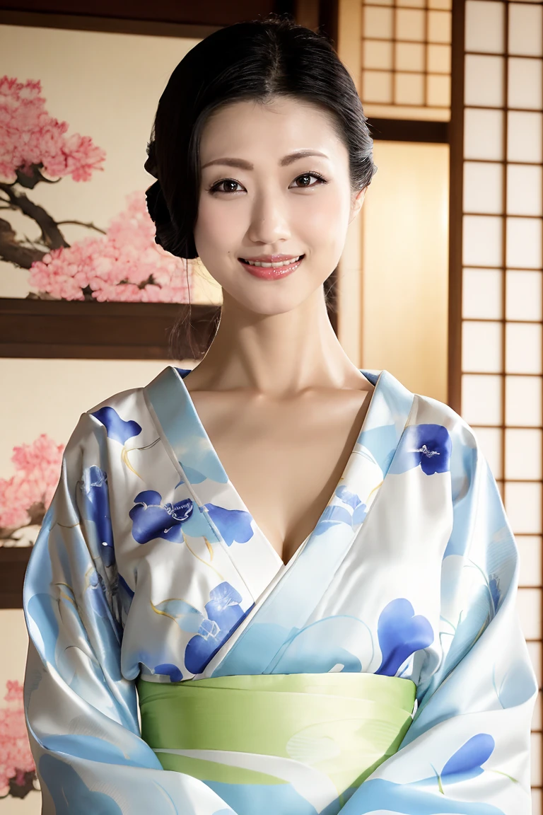 (最high quality、Tabletop、8K、Best image quality、Award-winning works)、(一人のbeautiful成熟した女性:1.1)、Adult face、(Innkeeper:1.1)、(Elegant floral kimono:1.2)、(V-neck collared kimono:1.4)、Perfect mature woman portrait photo、Glowing Skin、Standing Elegantly、(Blurred elegant and exquisite perfect Japanese style room background:1.3)、(The most natural and perfect tidy Japanese style room background:1.2)、Glowing White Skin、Very white skin、(Accentuate your body lines:1.1)、(The most graceful posture:1.2)、(Large Breasts:1.2)、A perfect smile、完璧なbeautiful光沢のある唇、(Accurate anatomy:1.2)、(Standing with good posture:1.1)、(beautiful, high quality, A gorgeous and large kimono obi:1.2)、(完璧で自然なbeautiful袖:1.2)、(Chignon:1.1)、(Close-up of face:1.3)、(Vネックの衿つき着物からExposing cleavageする:1.4)、(Exposing cleavage:1.4)、(Huge breasts:1.4)、(A perfect obi with a gorgeous pattern:1.3)