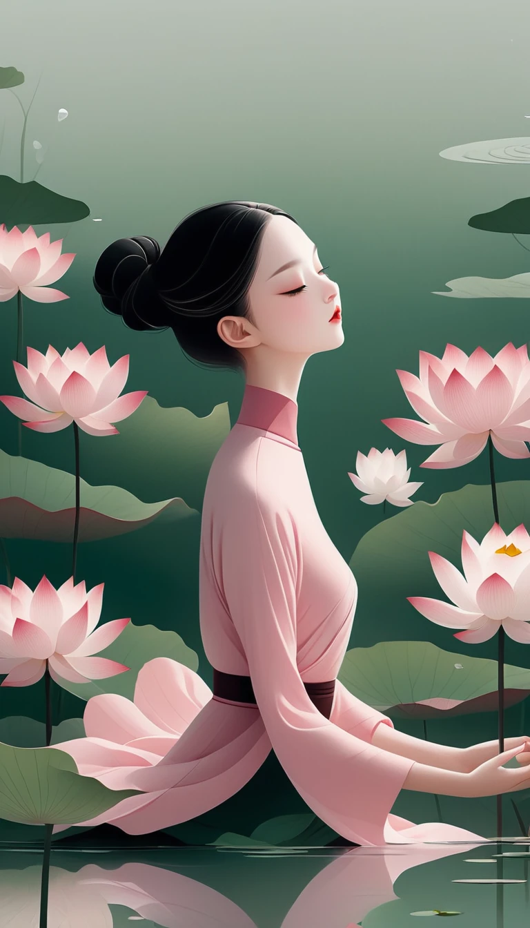 vector,Flat form,illustration,The Minimalists,数字艺术illustration,Pink hue,Abstract,artistic conception,Blooming,A ,dancer;Pink clothing;Pretty Face,Black Hair,Hairpin;Lotus pond,Diving sensation,Lots of white space above。