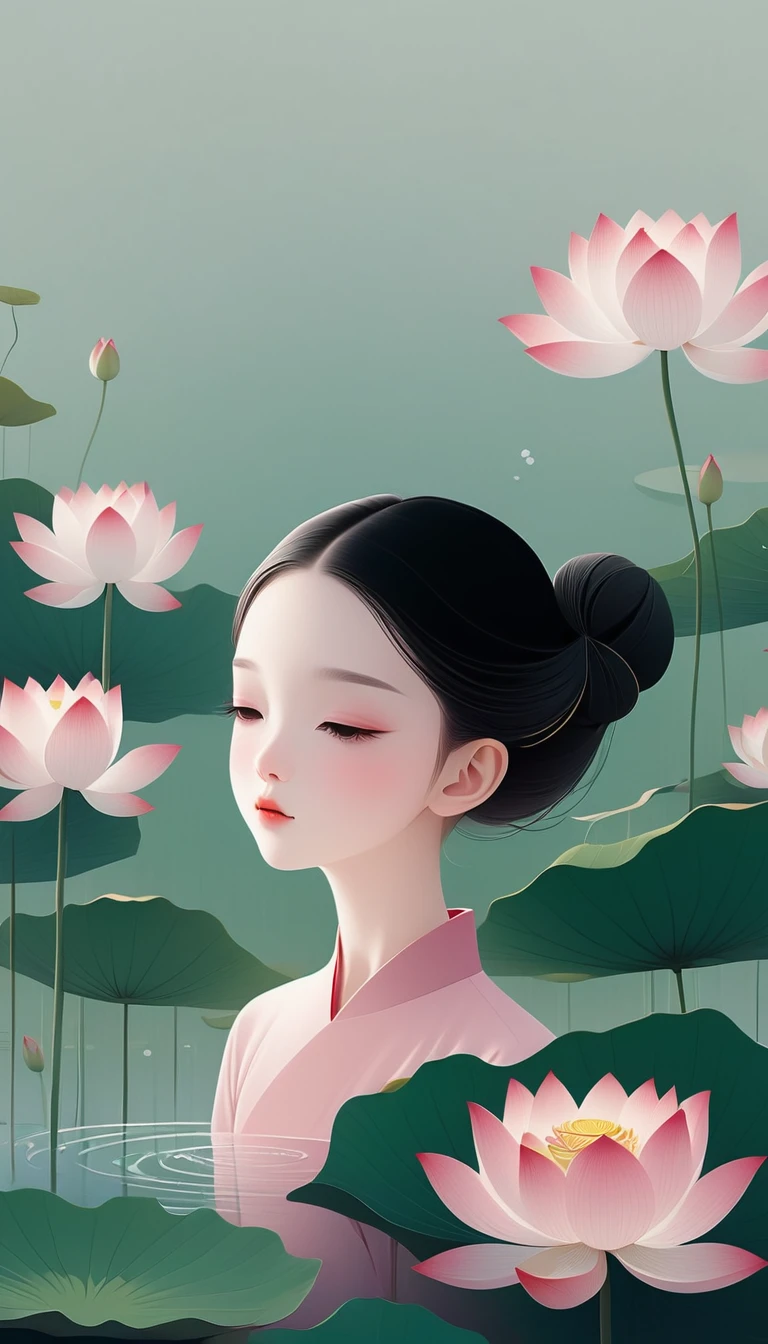vector,Flat form,illustration,The Minimalists,数字艺术illustration,Pink hue,Abstract,artistic conception,Blooming,A ,dancer;Pink clothing;Pretty Face,Black Hair,Hairpin;Lotus pond,Diving sensation,Lots of white space above。