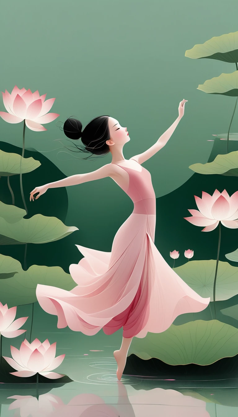 vector，Flat form，illustration，The Minimalists，数字艺术illustration，Pink hue，Abstract，artistic conception，Blooming，A little girl，dancer；Pink clothing；Pretty Face，Black Hair，Hairpin；Lotus pond，Diving sensation，Lots of white space above。